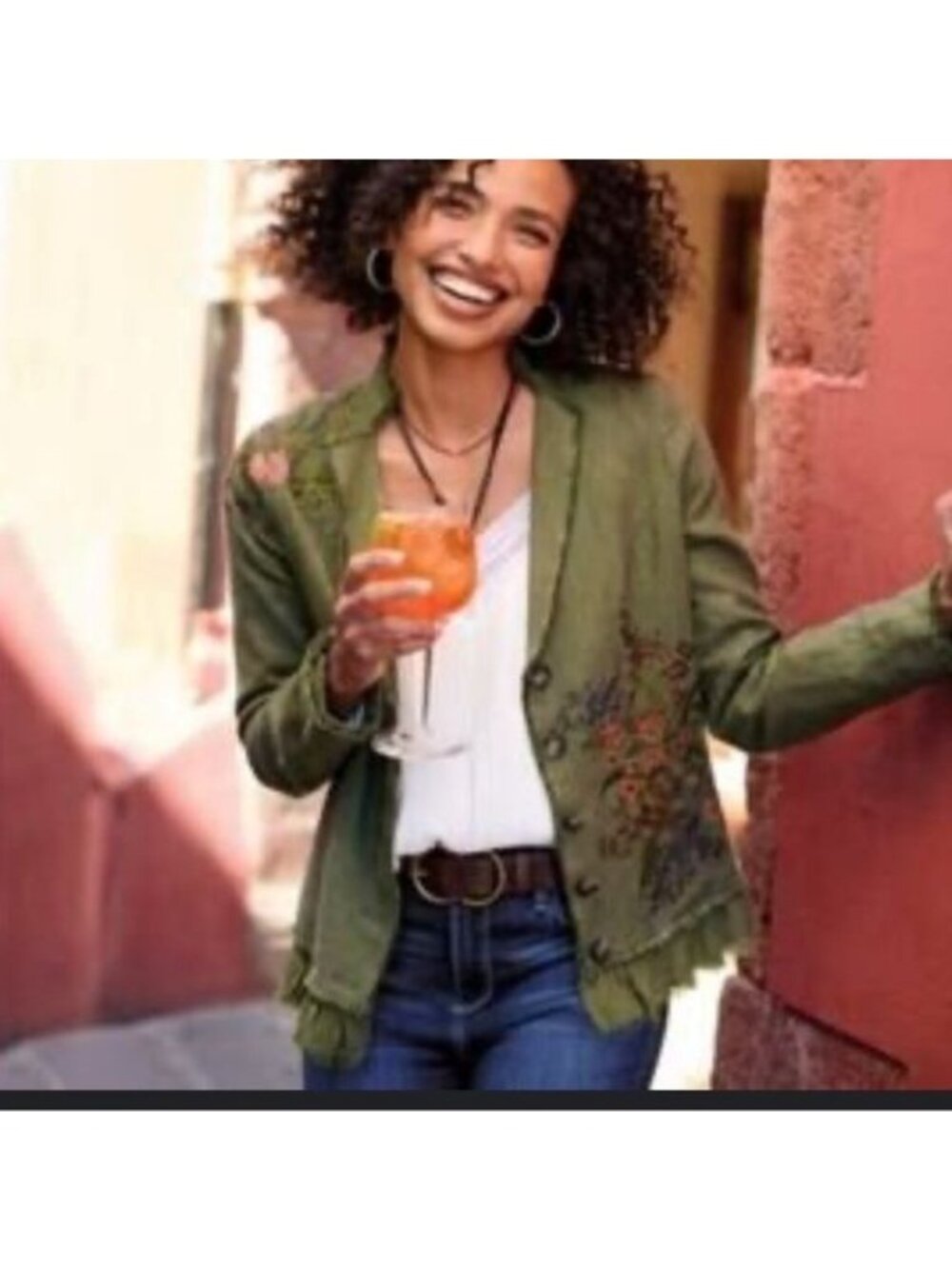 Sundance Embroidered Floral Linen Olive Green Blazer Jacket Lined Size M New